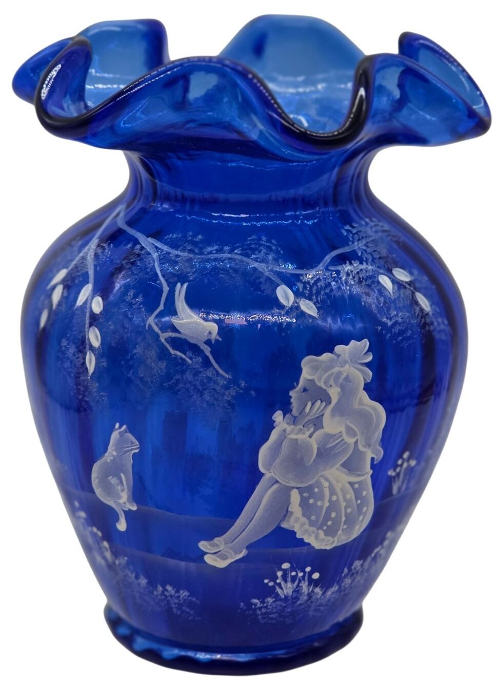 Fenton Blue Mary Gregory Art Glass Vase Hand Painted Signed Sue Jackson